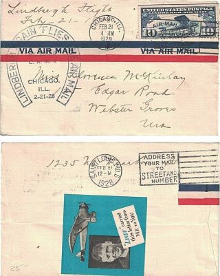 1928 Chicago,  Il First Flight Cover To St.  Louis Mo W Lindbergh Sticker & Cachet