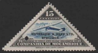 Mozambique Co.  1935 Air Inaug.  15c Triangular Waterlow Color Sample Blue & Black