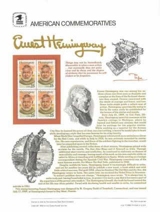 334 25c Ernest Hemingway 2418 Usps Commemorative Stamp Panel