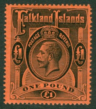 Sg 69 Falklands Islands 1912.  £1 Black/red.  Very Lightly Mounted Cat £550