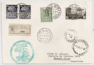 1933 Italy Aegean Islands Rhodes To Argentina Zeppelin Cover,  20 Lires
