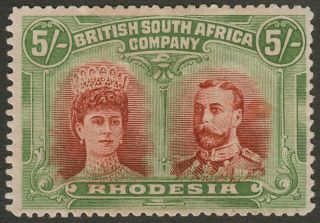 Rhodesia 1910 Kgv Double Head 5sh Vermilion And Green Sg159 Cat £325 Faults