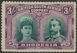 Rhodesia 1910 Kgv Double Head 3sh Green And Violet Sg158 Cat £250 W Line