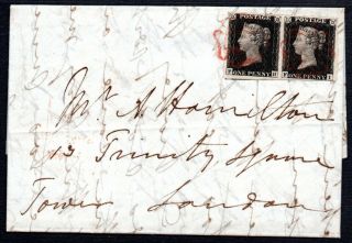 One Penny Black Pair Plate 1b " Fh - Fi " 4 Margins On Entire Cover Red Mx 