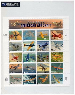 Us Sc 3142 Classic American Aircraft Full Sheet Still In Wrapper Mnh