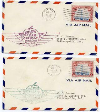 Us 1929 First Flight Cover Set Of 2 Legion Air Circus Yakima Wa To Indianapolis