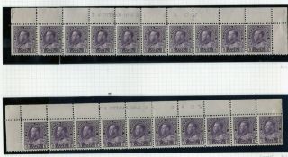 Canada Stamps Five Cent Violet 102[sc 112] Two Complete Strips Of 10 In Matching