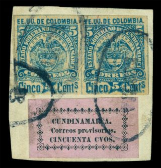 Colombia 1883 Cundinamarca - Local Stamps 5c X2,  50c On Piece Sc 1,  Sc 14