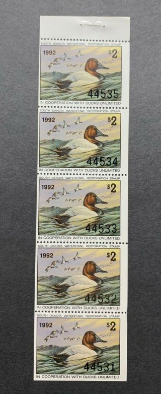 South Dakota 1992 - State Duck Stamps - Og Nh Booklet Strip Of 5