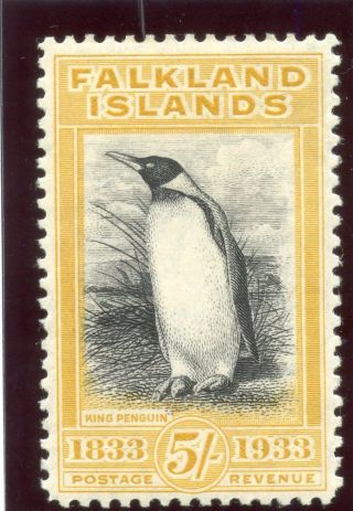 Falkland Islands 1933 Kgv Centenary 5s Black & Yellow Mlh.  Sg 136.  Sc 74.
