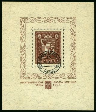 Liechtenstein Stamps 1934 5 Fr.  National Fair First Day Mi Block 1 € 2900,  —
