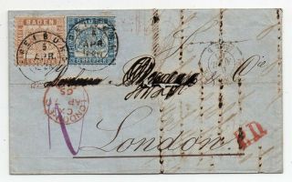 1865 Germany Baden To Great Britain Cover,  Scarce Stamps,  Ambulant Pmk