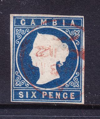 Gambia 1869 Qv Sg3 6d Deep Blue Imperf - No Wmk - 4 Margins - Fine Cat £200