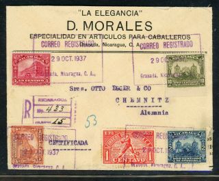 Nicaragua Postal History: Lot 56 1937 Reg Multifranked Granada - Chemnitz $$$