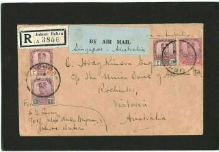 Malaya Singapore Australia 1932 Registered Cover & Johore Rochester Melbourn Cds