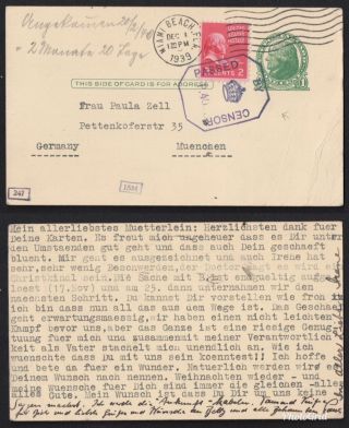 Usa 1939 Passed By Censor Postal Card From Miami To Munich Germany Vf