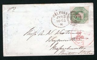 Ireland Great Britain Gb 5 Tied To Cover To U.  S.  1855 By Belfast " Spoon " Cancel