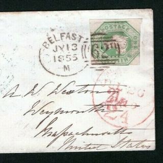 Ireland Great Britain GB 5 tied to cover to U.  S.  1855 by Belfast 