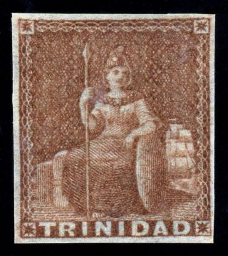 Trinidad.  1853.  1d.  Brown Red.  Sc 1a.  Sg 7.  Blued Paper.  Ogh.  Signed.  $360