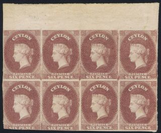 Ceylon 1857 Sg6 6d Purple - Brown Top Marginal Plate Proof Block Of 8 Rare Fine