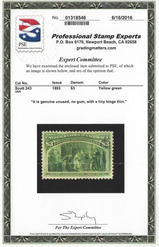 US Stamps - Sc 243 - $3 Columbian - XF Appearing - 2016 PSE Cert.  (A - 864) 3