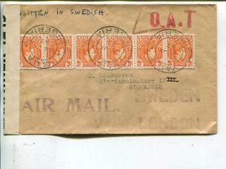 Nigeria Oat Red Unframed 31x13mm On Cover To Sweden 26.  1.  1943