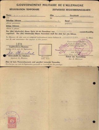 Germany Document French Zone Revenue Weissenthurm 1947 Registration Card Fiscal