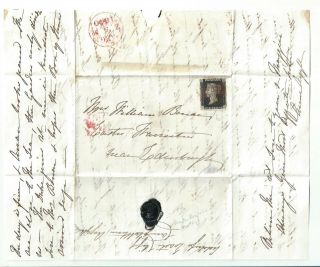 August 1840 1d Penny Black On Cover.  Good Margins.  Coronet With Crown Above