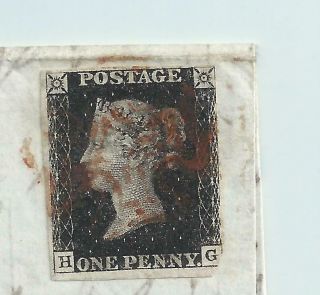 August 1840 1d Penny Black on cover.  Good margins.  Coronet with crown above 4