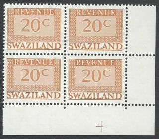 Swaziland 1970 Dlr P12.  5 Wmk.  Block Ca Upright 20c Mnh Block Unrecorded Barefoot