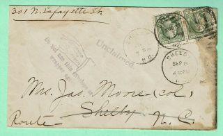 Shelby Nc 1919 Cover W/pair 525 Unclaimed Return To Sender Pointing Finger