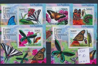 Gx03299 Comoros 2011 Flora Insects Butterflies Sheets Mnh Cv 10 Eur