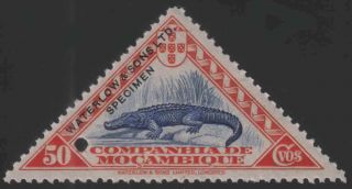 Mozambique Co.  1937 50c Crocodile Triangular Waterlow Color Sample Blue & Orange