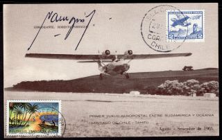 Chile Isla Pascua Easter Island To Tahiti First Flight Card 1965 Manutara Ii