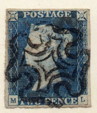 Gb.  Qv.  1840.  Sg 5,  2d Blue.  Four Margins.  Black Maltese Cross.  Fine.