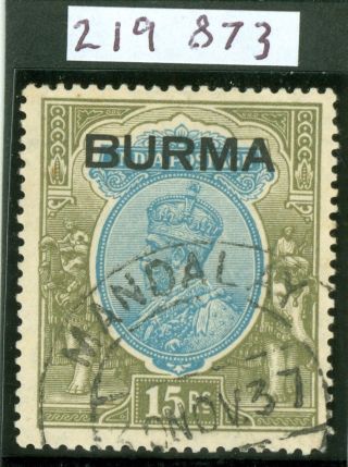 Sg 17 Burma 1937 15r Blue & Olive Wmk Star (inverted) Ovpt Type 1a.  Very Fine.