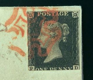 1840 Penny Black on cover (3 of 3) with close margins - plate ? 3