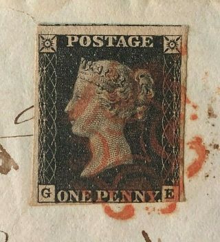 1840 Penny Black on cover (2 of 3) with huge to close margins - plate ? 3