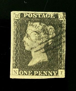 1840 Penny Black Plate 1b With 1844 Cancel,  3 Large Margins Other Touching