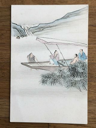 China Old Postcard Catholic Mission Hand Painted Chinese Men Boat Swatow