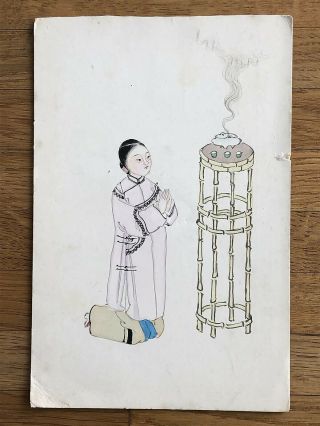 China Old Postcard Hand Painted Chinese Woman Praying Swatow