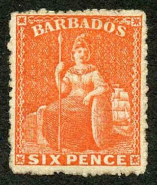 Barbados Sg50 6d Orange Vermilion Wmk Small Star Rough Perf 14 To 16