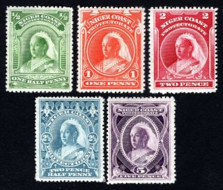 Niger Coast 1894 Group Of 5 Stamps Gibbons 51c,  52d,  53b,  54a,  55a Mh Cv=117.  5£