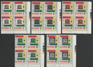 Ghana 1966 Unesco Set In Plate Blocks Sg 435 - 439 Mnh.