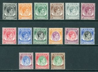 1948/52 Malaya Singapore Kgvi Definitives Set Stamps (perfs14) Mnh U/m (15c Lmm)