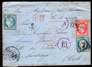 France To Chile Folded Letter 1872 Bordeaux - Santiago Incoming In Violet
