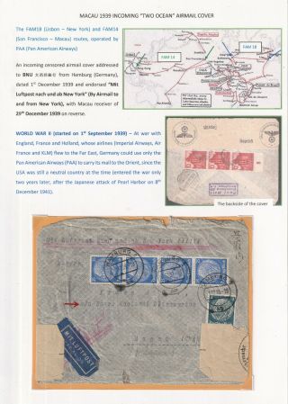 Macau China Portugal 1939 Wartime Incoming Two Ocean Airmail Cover From Germany