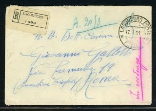Italy Postal History Lot 46 1951 Reg Multifranked Lagonegro - Roma $$$$