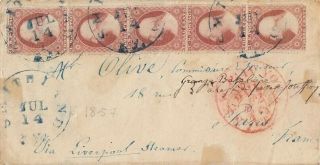 Usa 3 Cts Strip Of 5 On Cover To France 1857 Wow