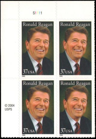 Us 3897 Mnh Plate Block Of 4,  37c Ronald Reagan